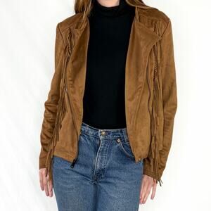 Black Rivet Brown Faux Suede Fringe Moto Crop Western Festival Boho Jacket Sz L
